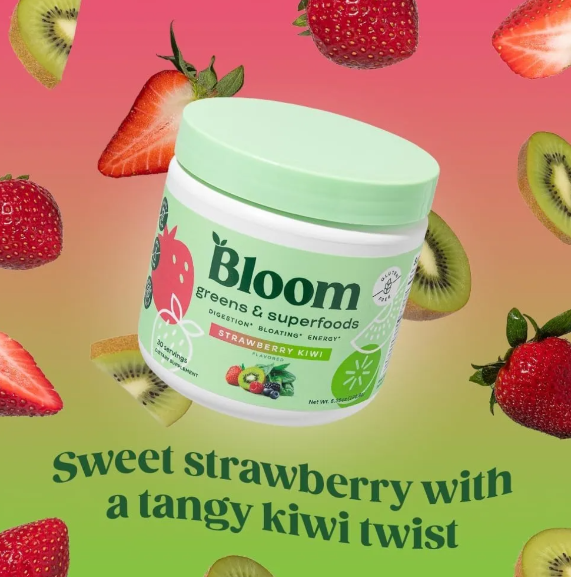 Bote de Bloom sabor fresa-kiwi rodeado de fresas y kiwis frescos