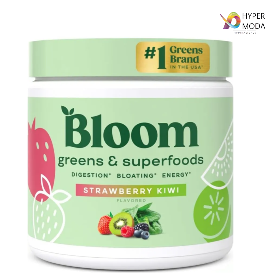 Bote de Bloom sabor fresa-kiwi, la marca #1 de greens en USA